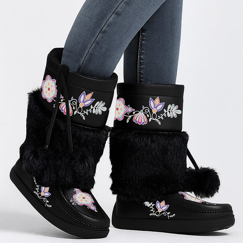 Aurora Petal Glow Real Black Leather MocLux Calf with Fur