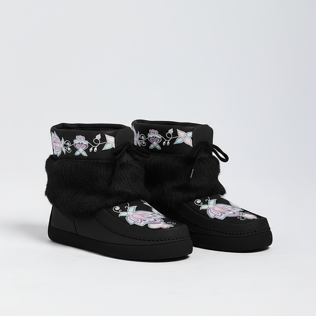Snow Petal Spirit Black Leather MocLux Ankle with Fur