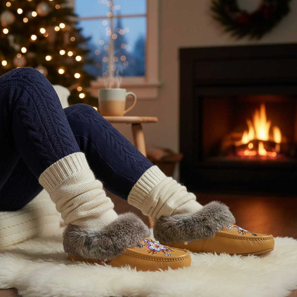 Aurora Petal Glow Tan Leather Mottled Fur Moccasin