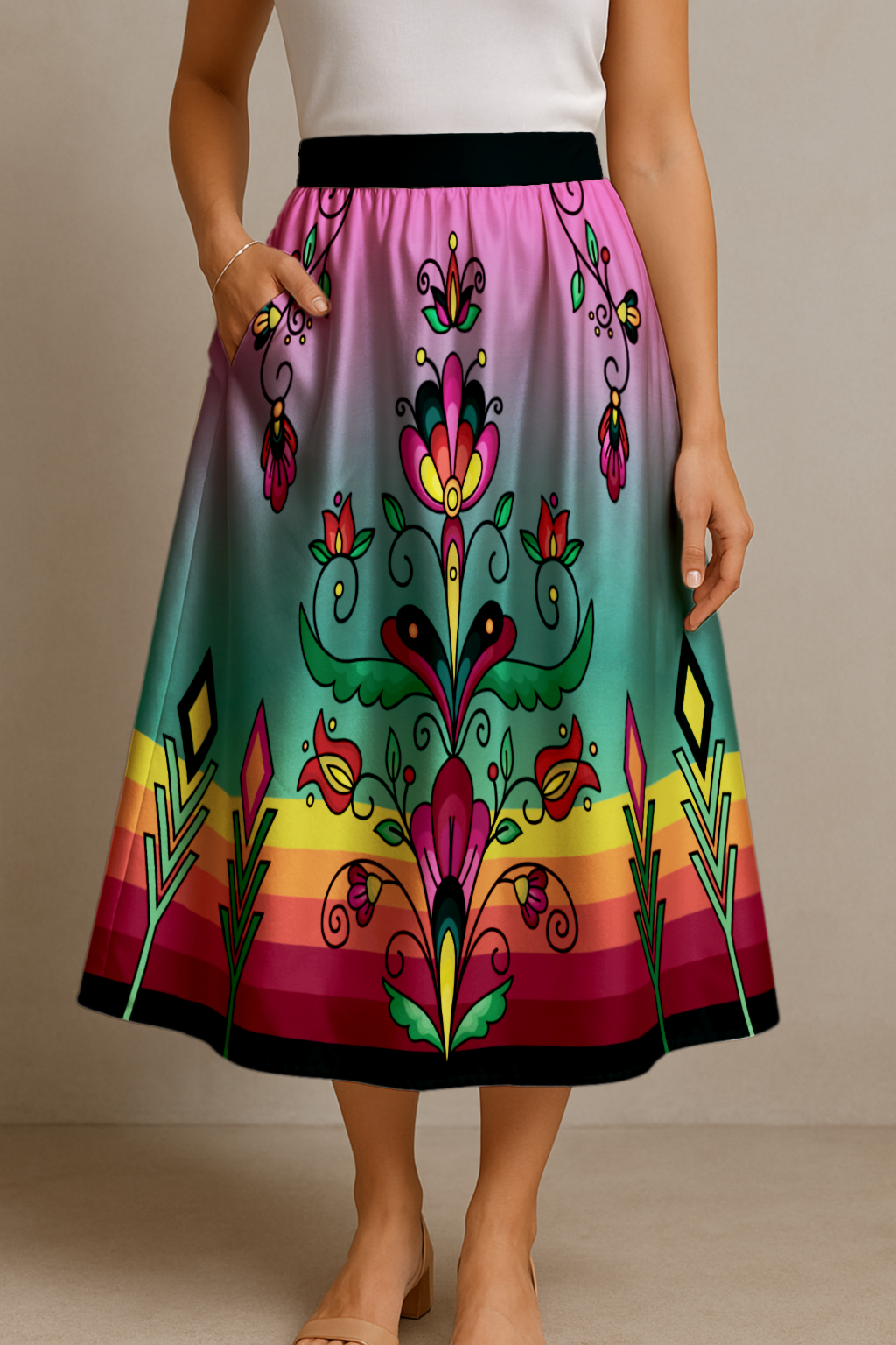 Autumn Kinship Wreath Elastic Waist Pocket Midi Skirt