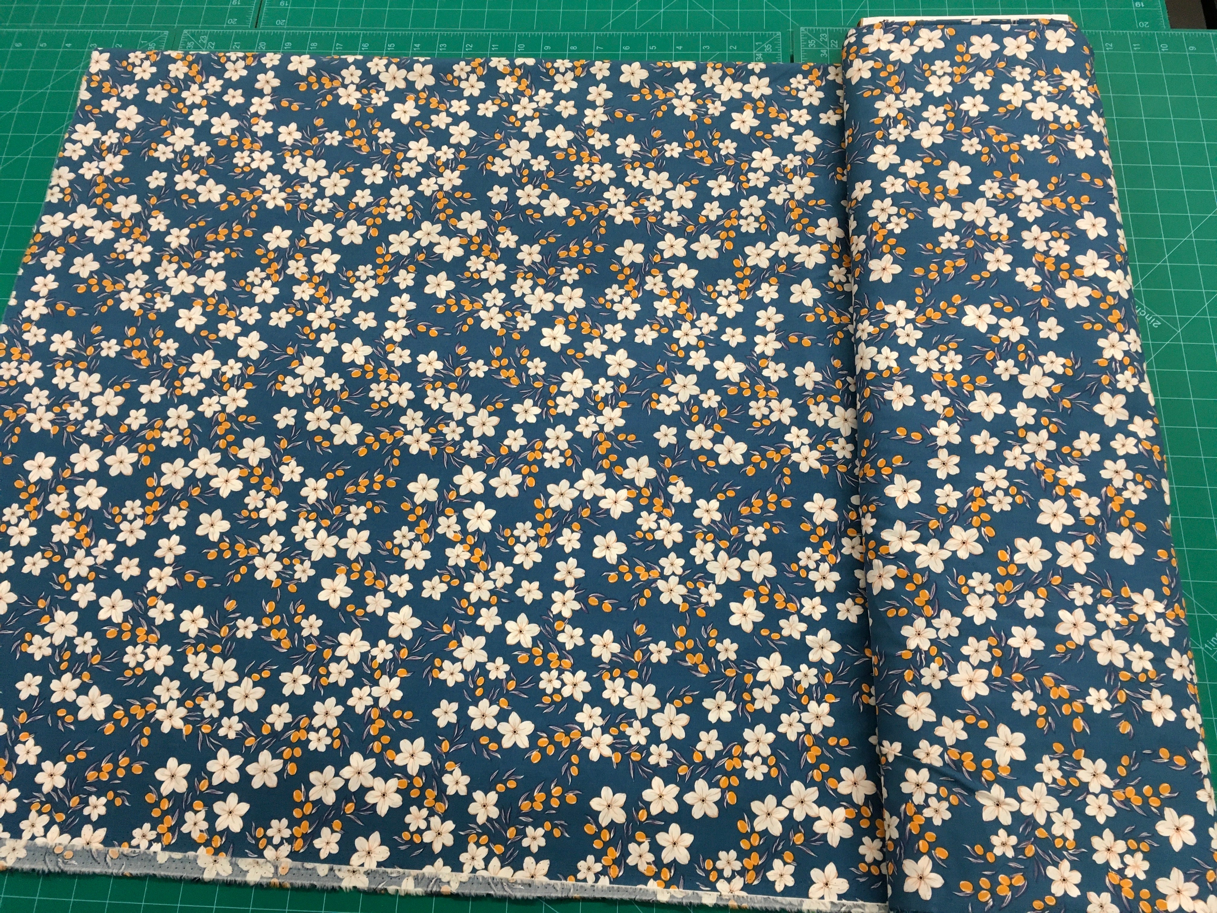 White Yellow Floral Teal Background 56 inch Cotton Fabric