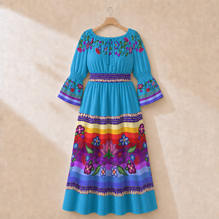Beaded Offering Blue 1 Smocked Waist Peasant Dress