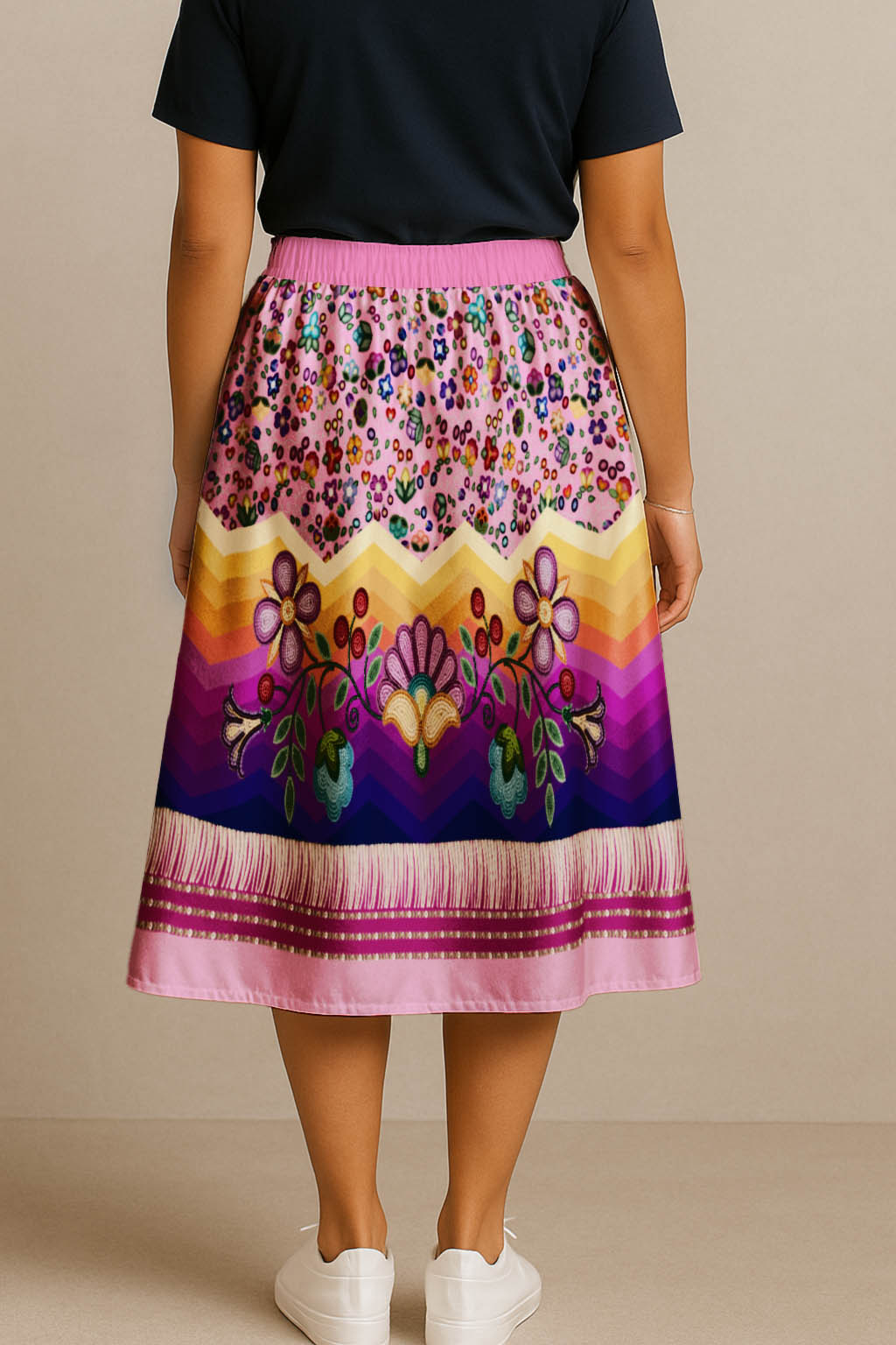 Beaded Offering Pink 3 Elastic Waist Pocket Midi Skirt