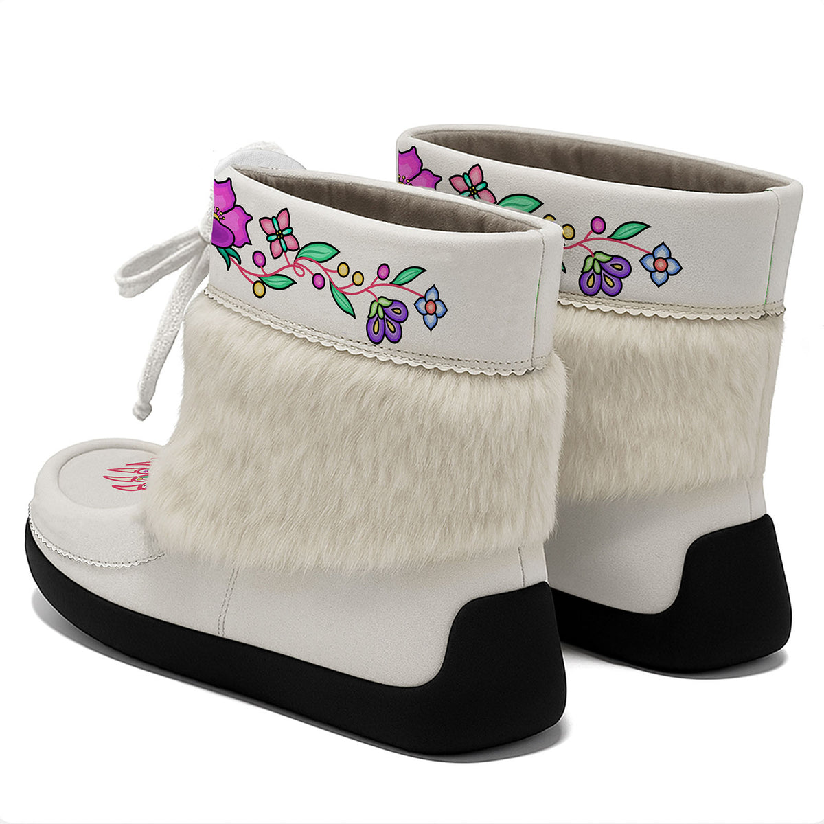 Bear Floral white ankle MocLux (white fur) pair from behind at an angle, fur band above the heels