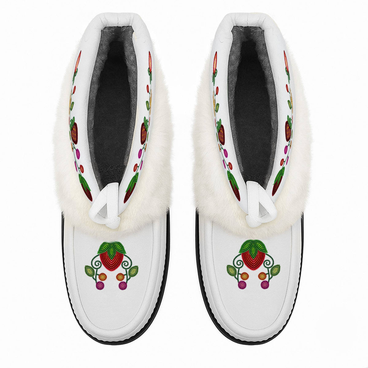 Berry Garden white ankle MocLux (white fur) from above, showing the plush lining and printed toes