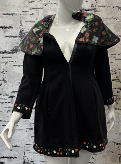 Black Strawberry Embroidered Wool Coat