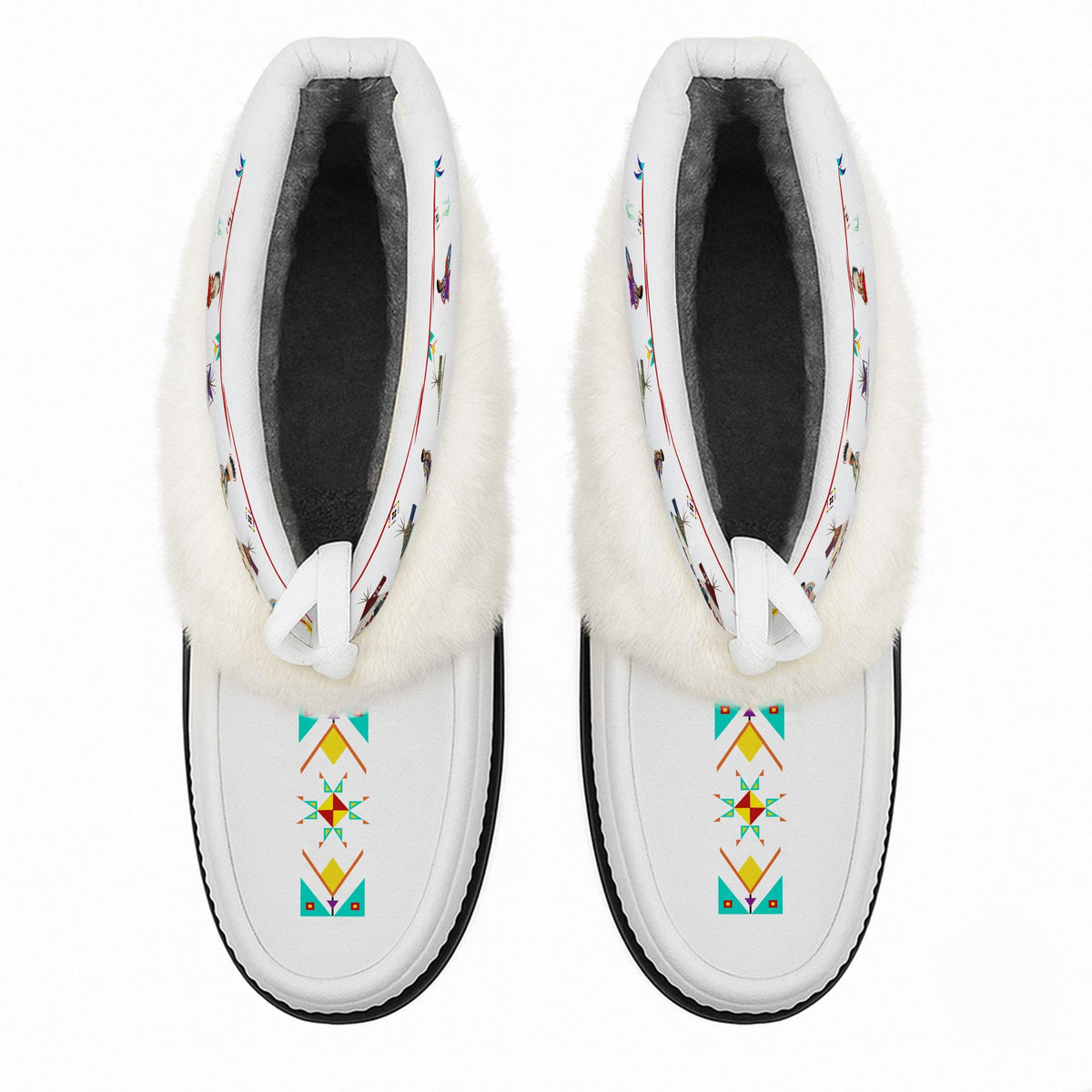 Blackfoot Line white ankle MocLux (white fur) from above, showing the plush lining and printed toes