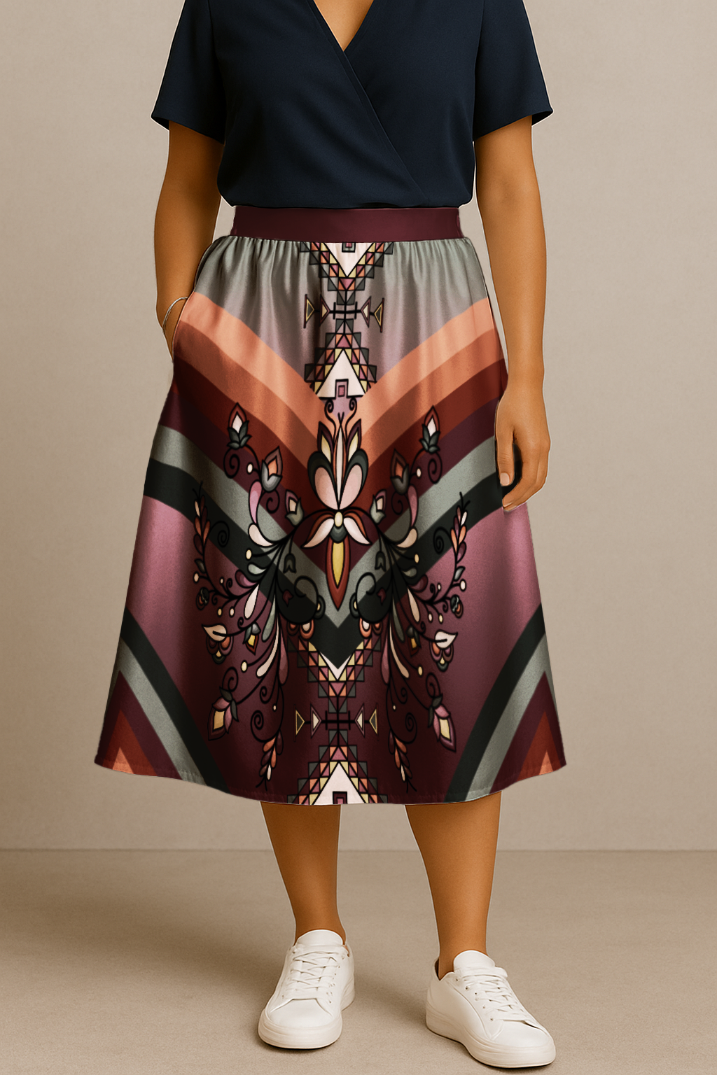 Burnt Sky Petals Elastic Waist Pocket Midi Skirt