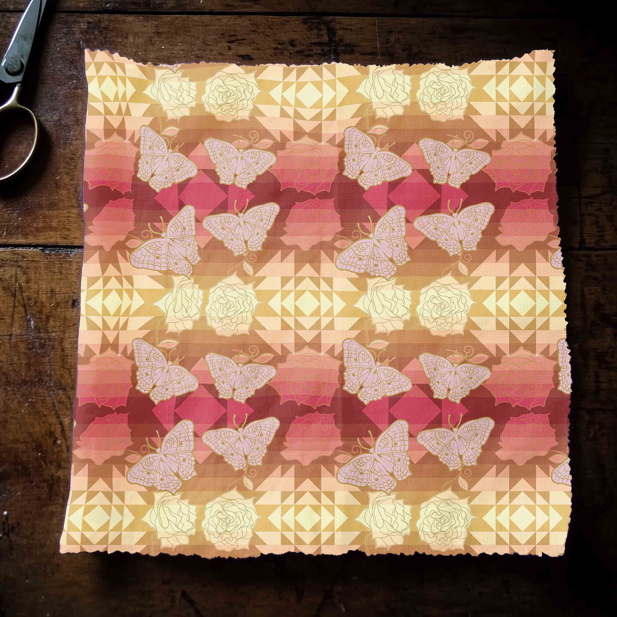 Butterfly and Roses on Geometric Satin Fabric By the Yard Pre Order