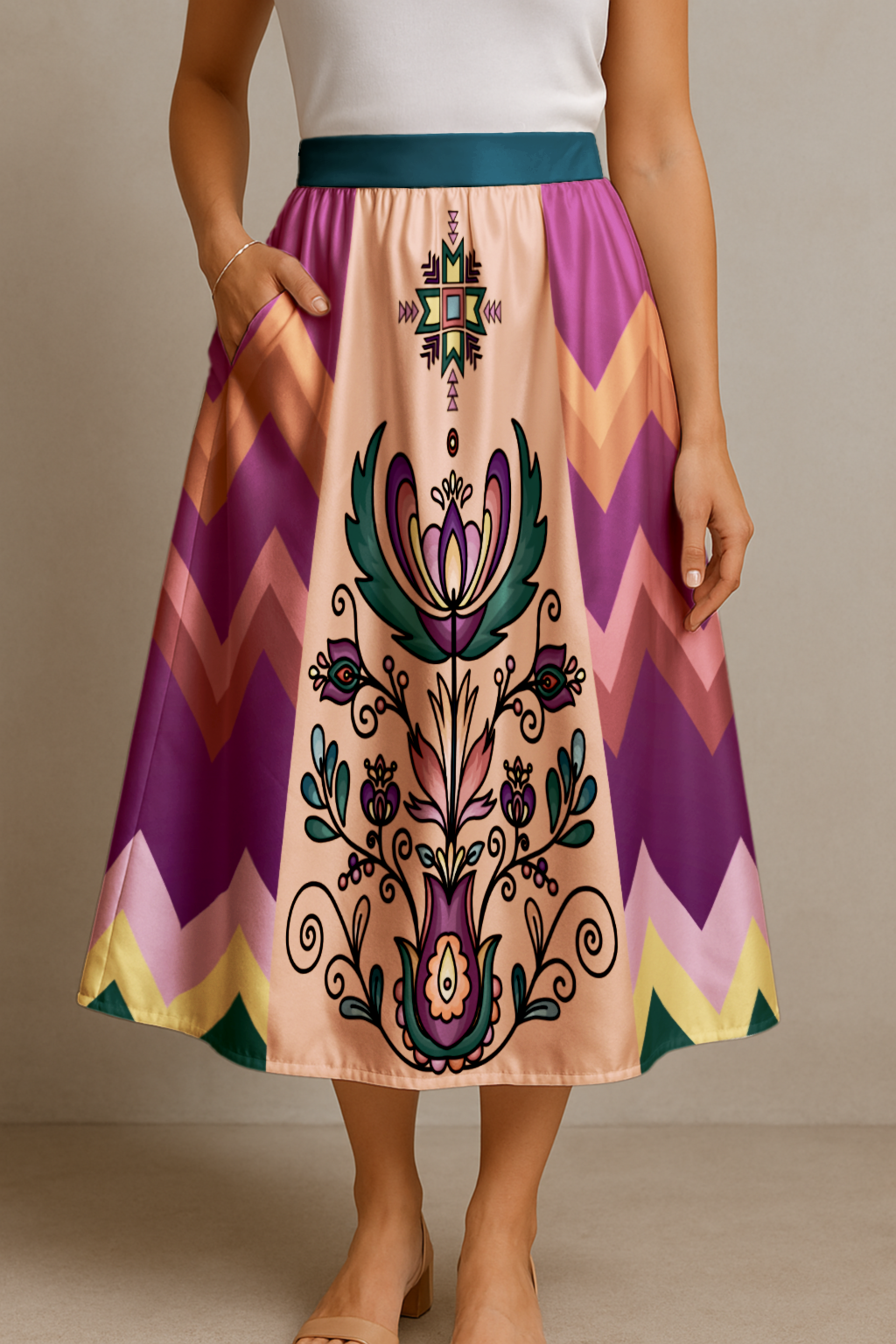 Cedar Wind Bloom Elastic Waist Pocket Midi Skirt