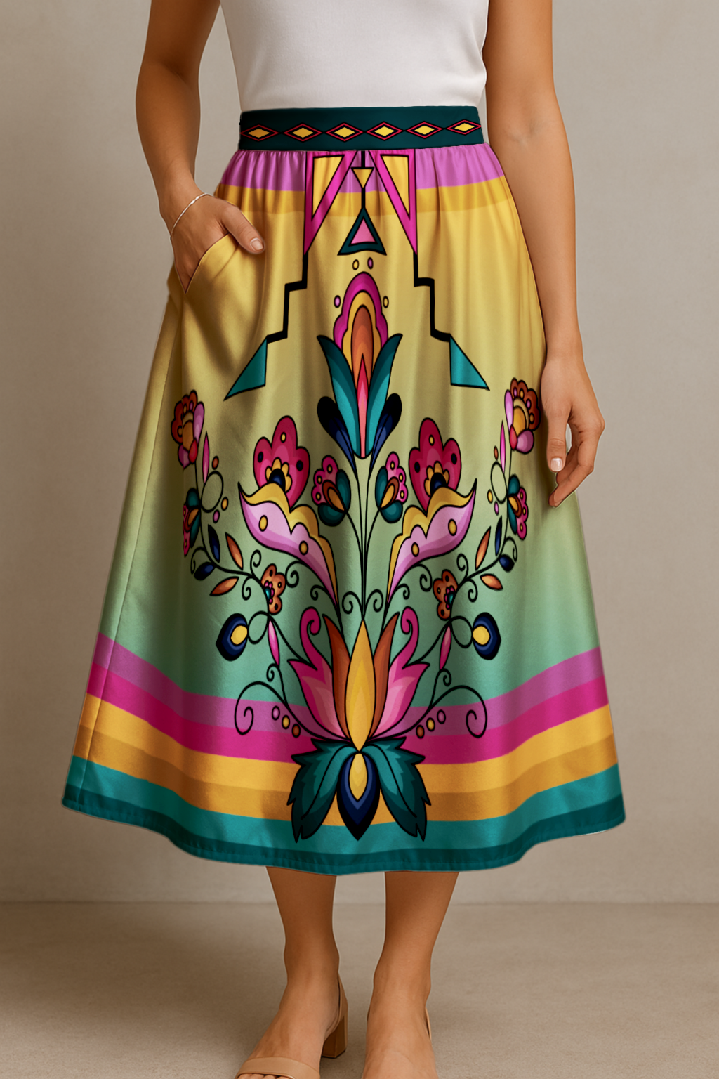 Copper Prairie Petals V1 Elastic Waist Pocket Midi Skirt