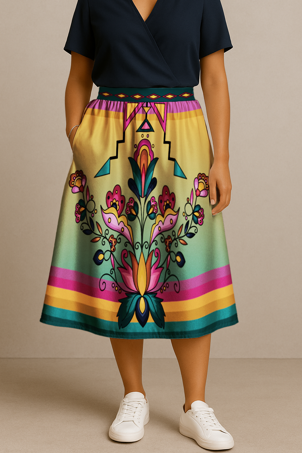 Copper Prairie Petals V1 Elastic Waist Pocket Midi Skirt