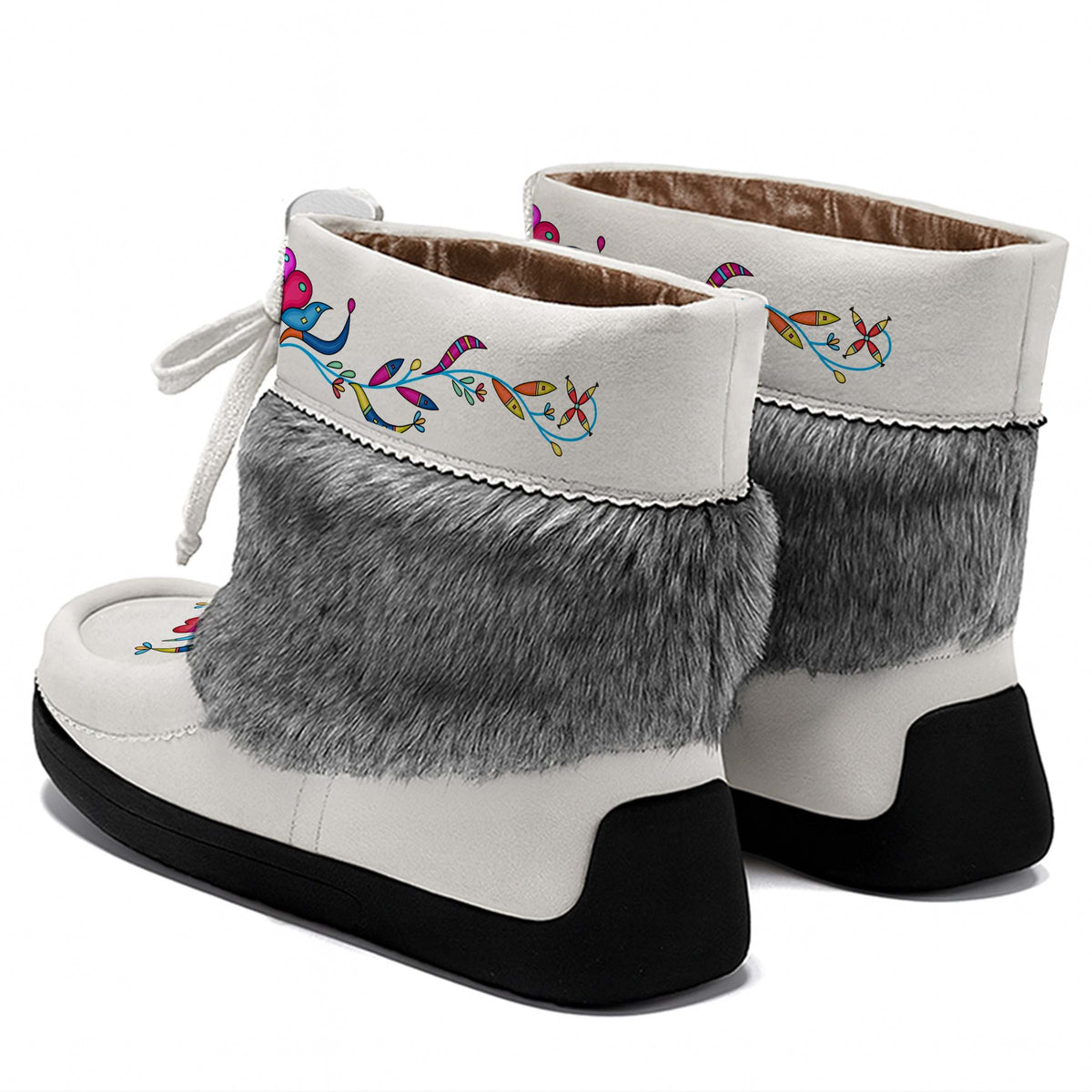 Cradle Creek White Leather MocLux Ankle with Grey Fur, back view of a pair with a cuff printed with a bird and a vine of colourful flowers