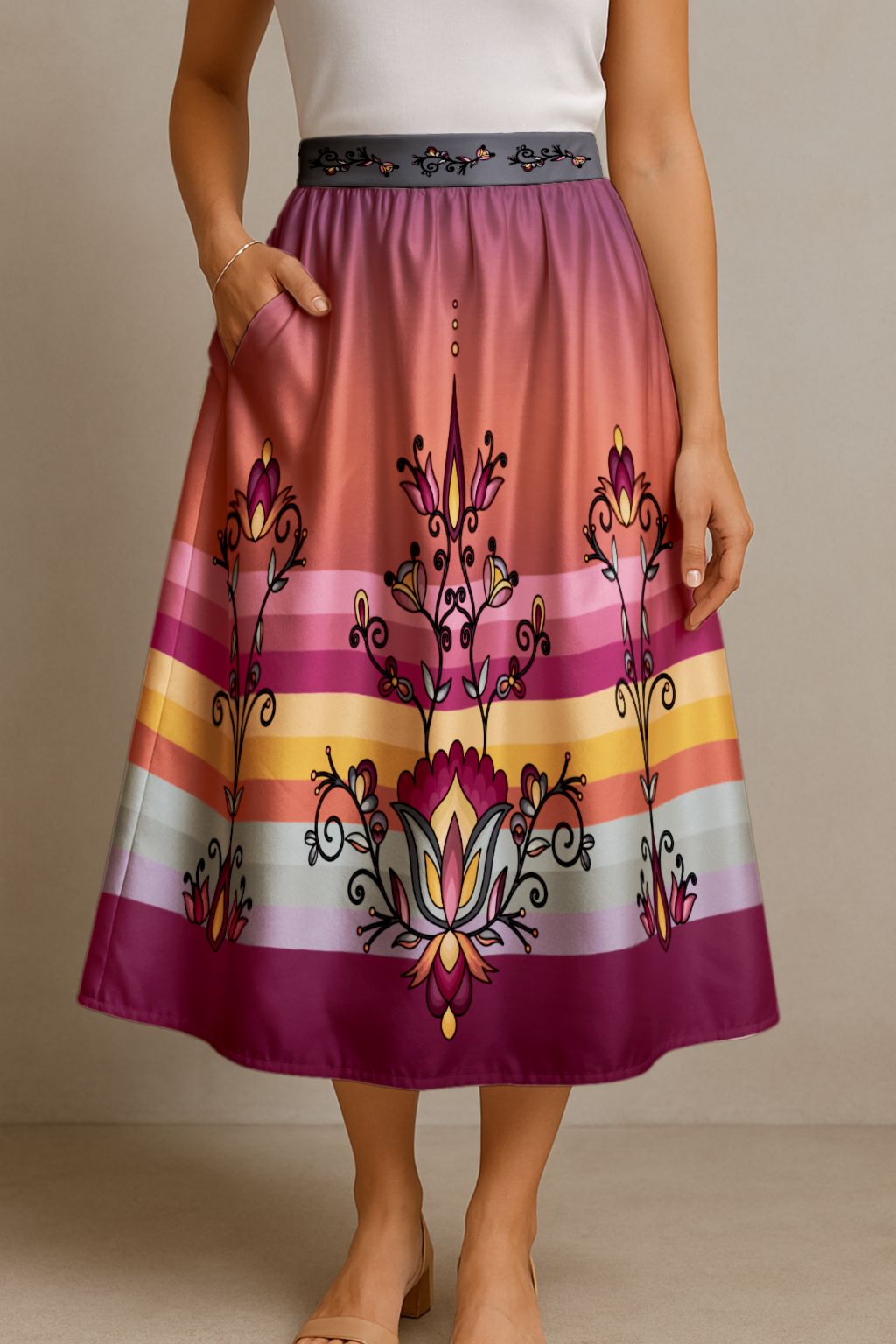 Crimson Drift Petals 05 Elastic Waist Pocket Midi Skirt