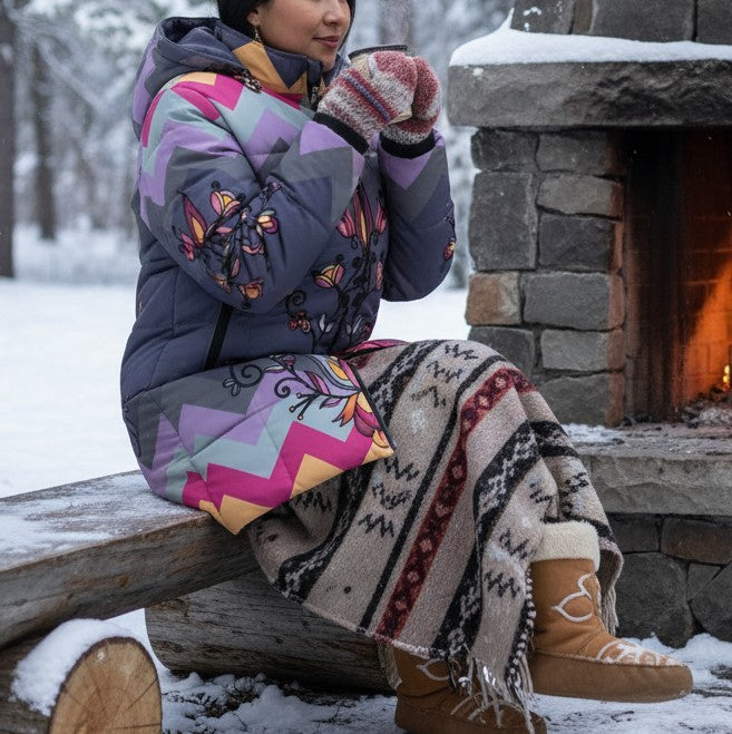 Crimson Drift Petals Women's Hooded Puffer Coat