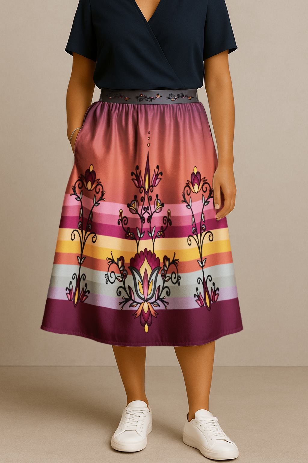 Crimson Drift Petals 05 Elastic Waist Pocket Midi Skirt