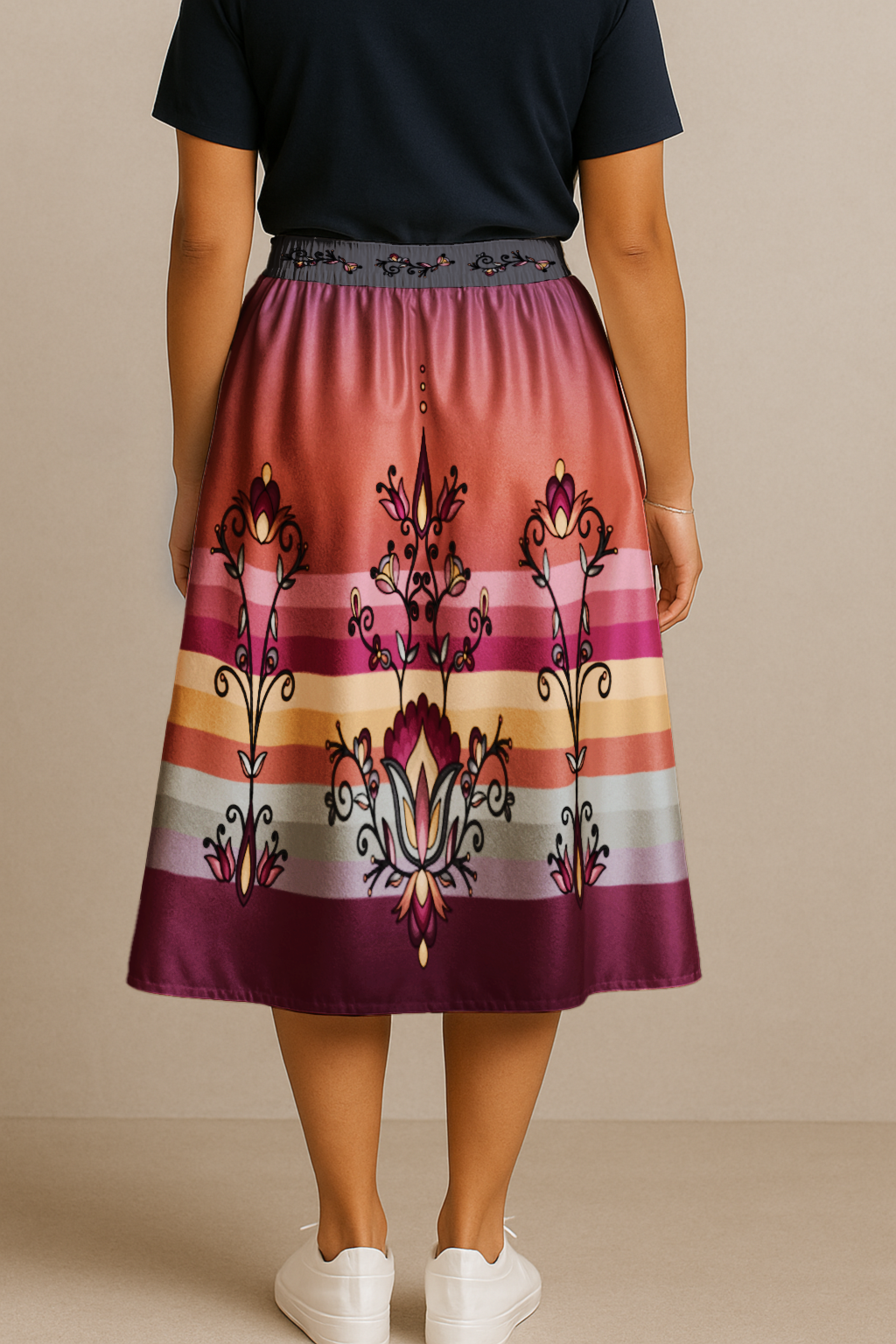 Crimson Drift Petals 05 Elastic Waist Pocket Midi Skirt