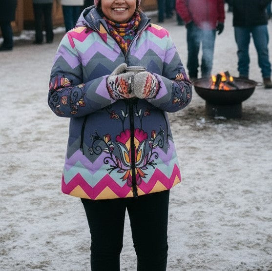 Crimson Drift Petals Women's Hooded Puffer Coat