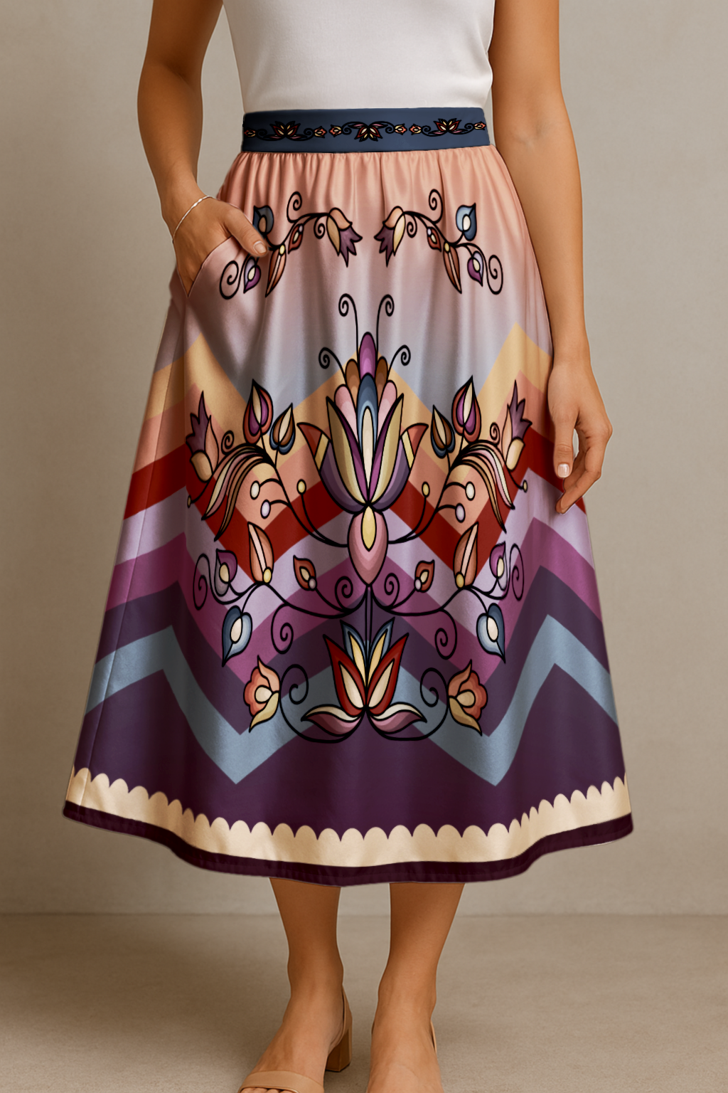 Ember Blossom Elastic Waist Pocket Midi Skirt