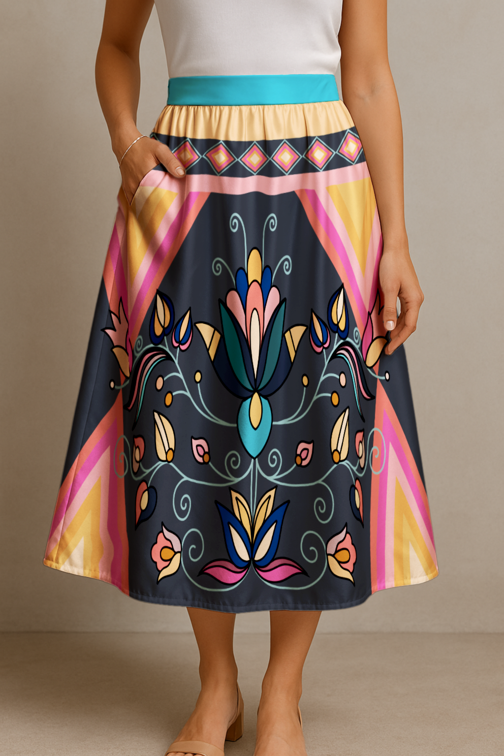 Ember Trail Bright Elastic Waist Pocket Midi Skirt