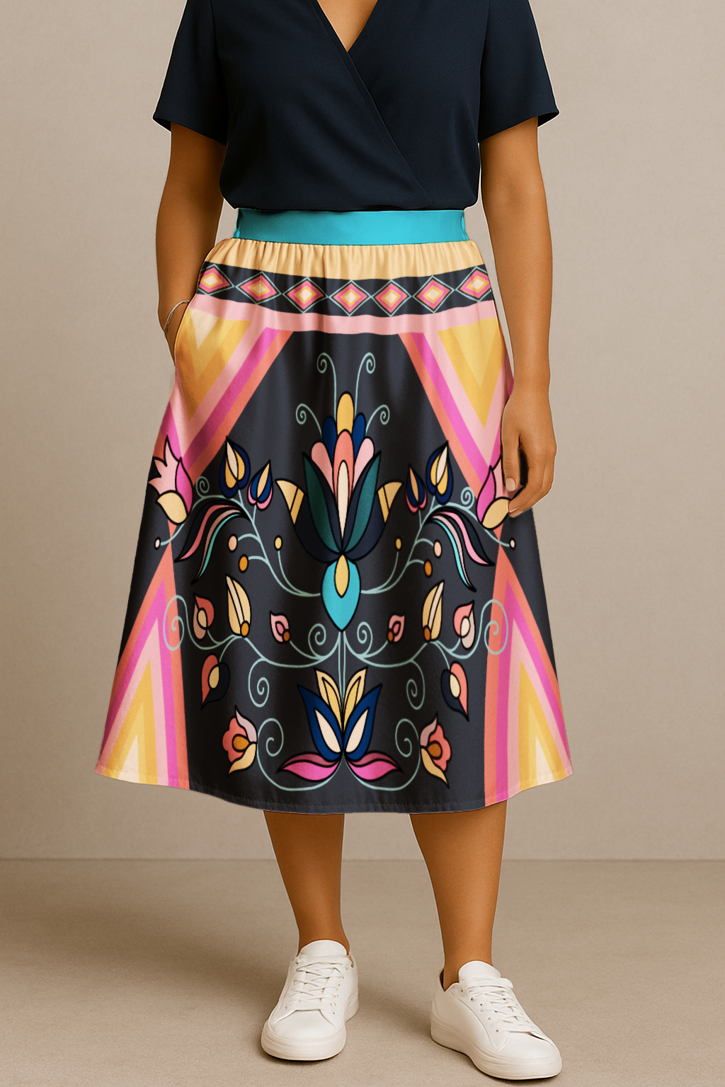Ember Trail Bright Elastic Waist Pocket Midi Skirt