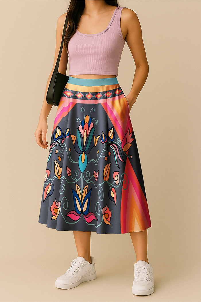 Ember Trail Bright Elastic Waist Pocket Midi Skirt