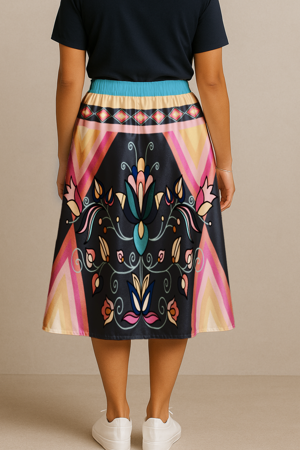 Ember Trail Bright Elastic Waist Pocket Midi Skirt