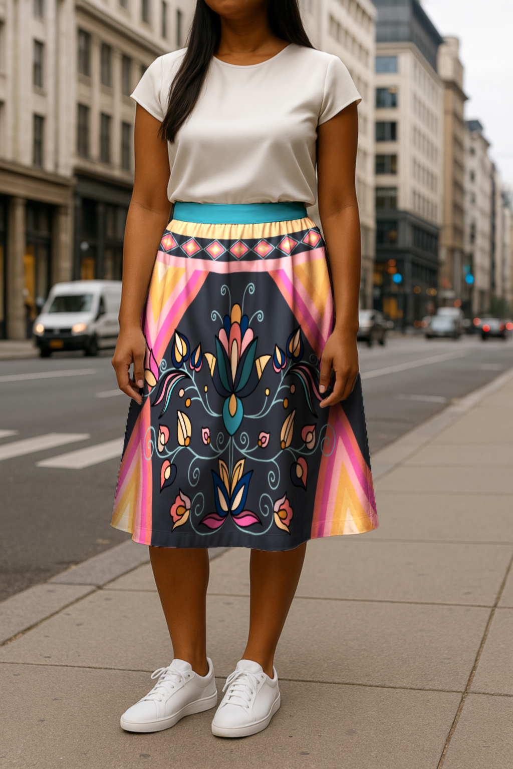 Ember Trail Bright Elastic Waist Pocket Midi Skirt