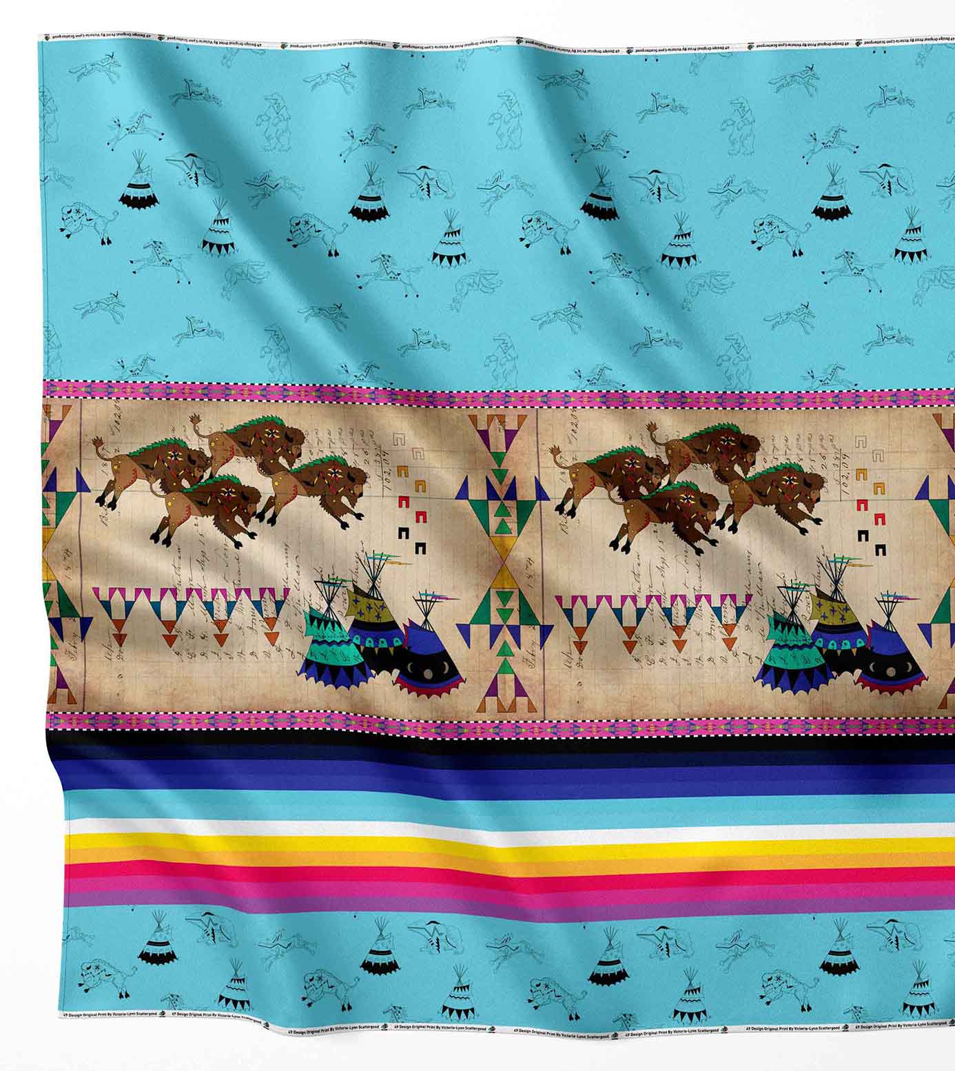 Ledger Buffalos Running Sky Satin Fabric By the Yard Pre Order