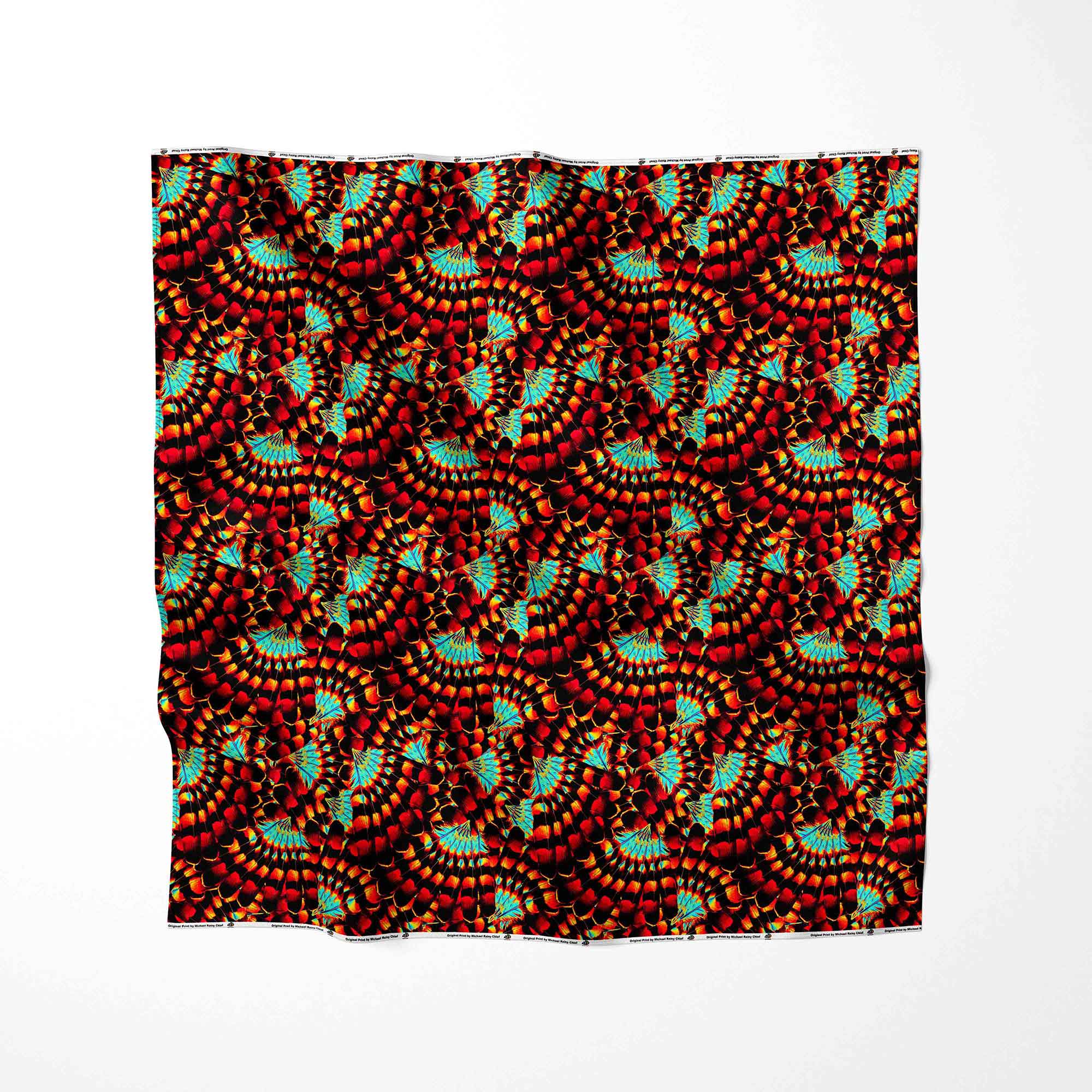 Hawk Feathers Fire and Turquoise Satin Fabric By the Yard Pre Order