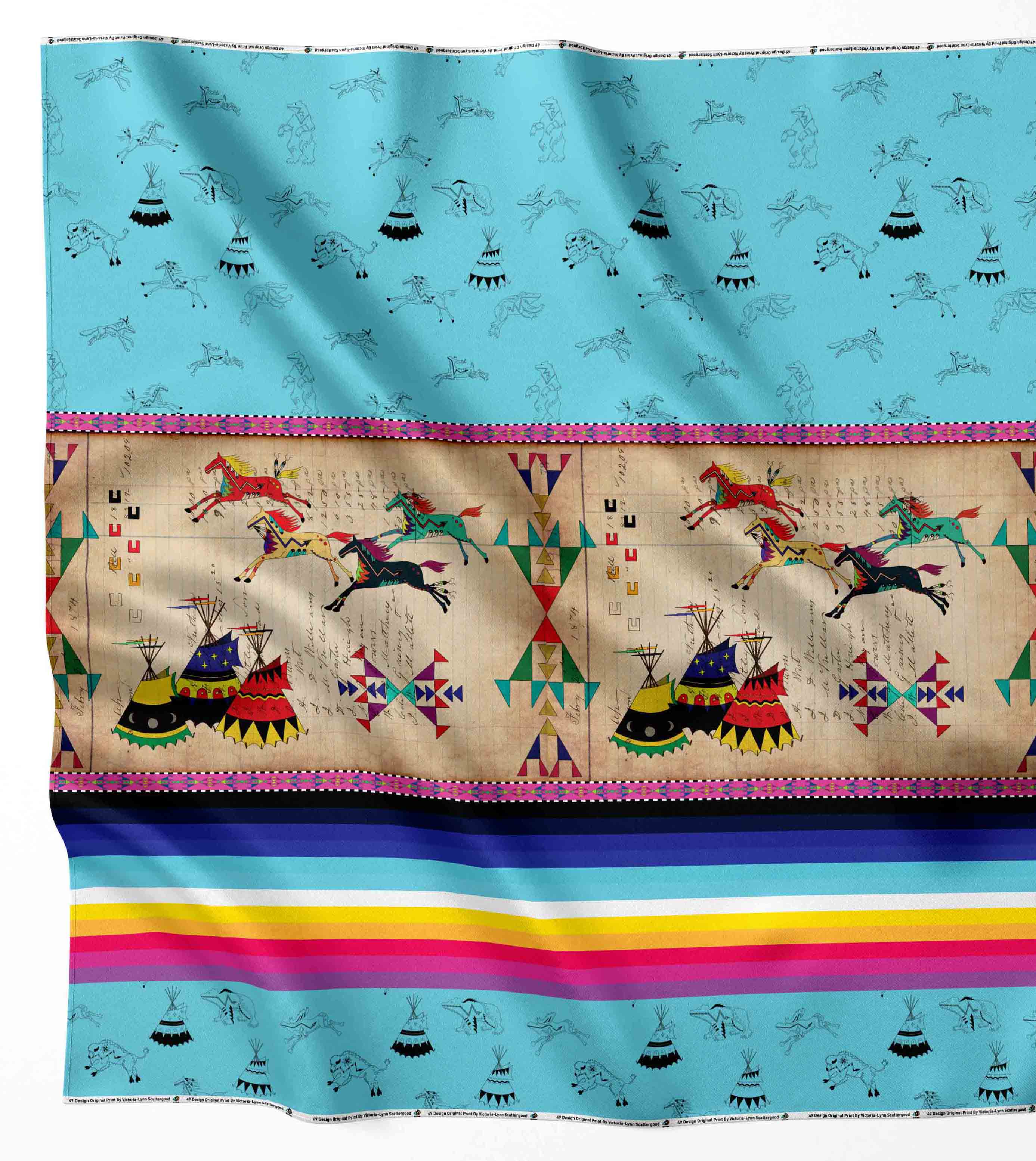 Ledger Horses Running Sky Satin Fabric By the Yard Pre Order