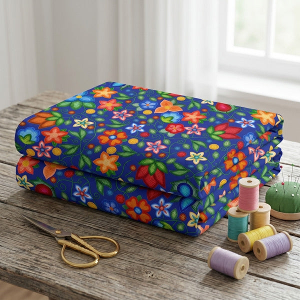 Morning Harmony Sapphire cotton poplin fabric folded in a stack on a wooden table with scissors and spools of thread
