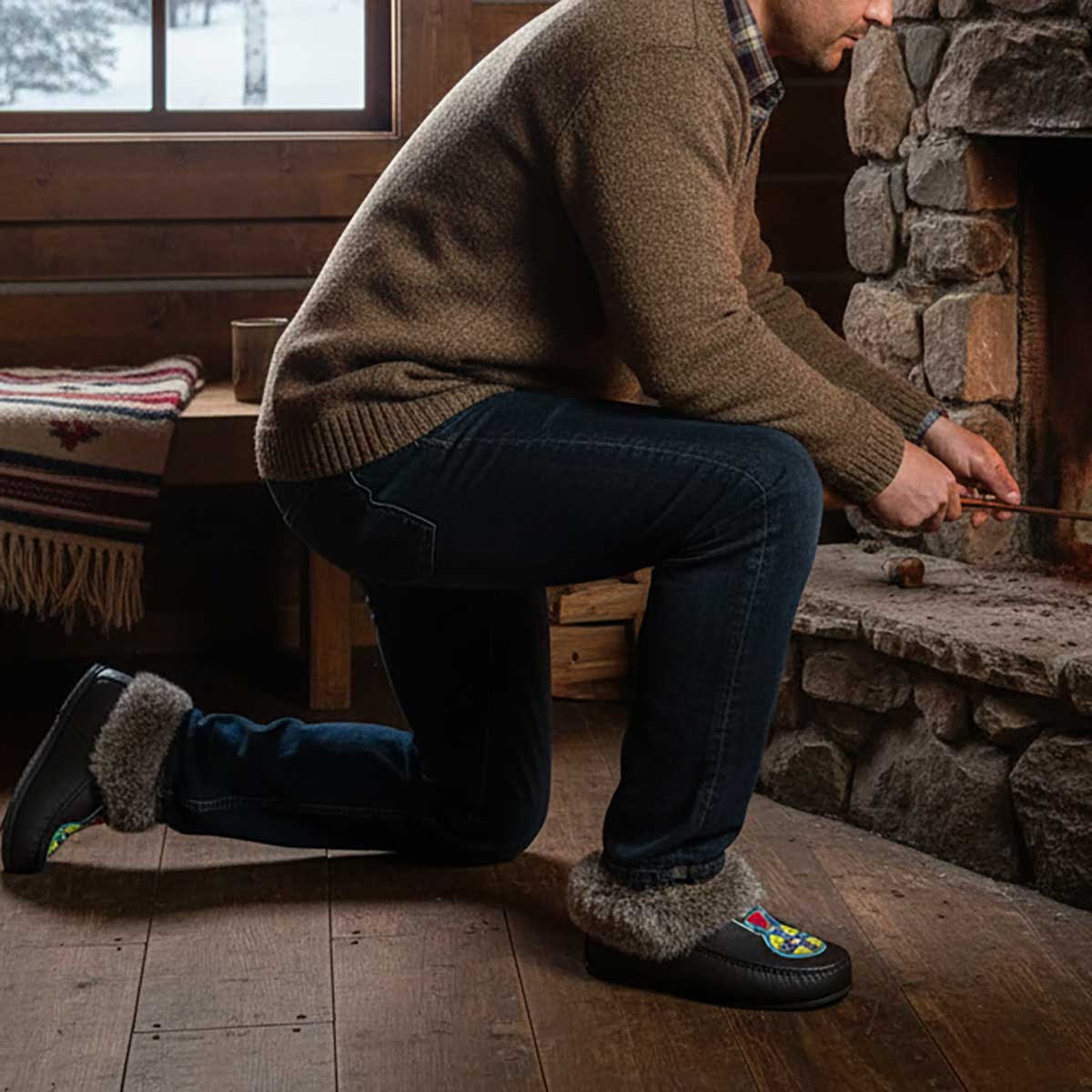 Firewheel Emblem Brown Leather Mottled Fur Moccasin