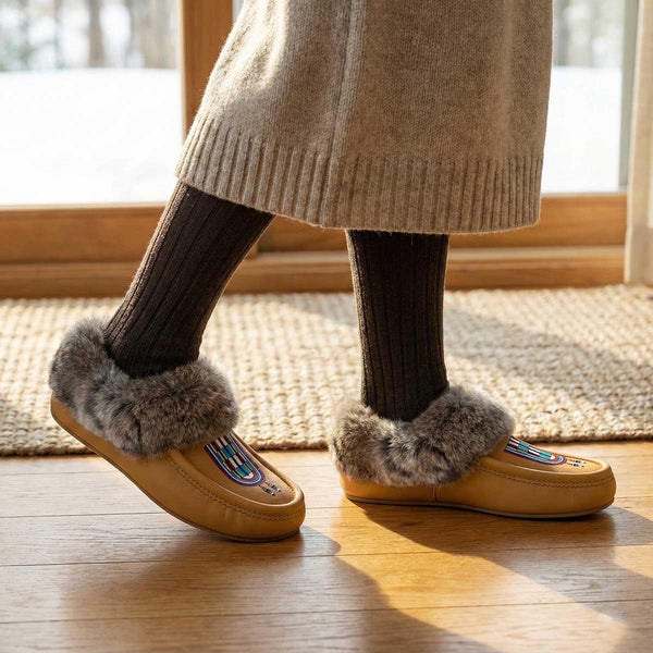 Prairie Signal Tan Leather Mottled Fur Moccasin