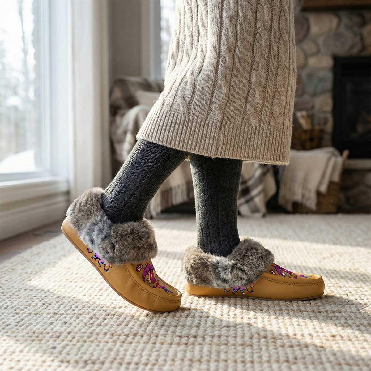 Frosted Leaf Spirit Tan Leather Mottled Fur Moccasin