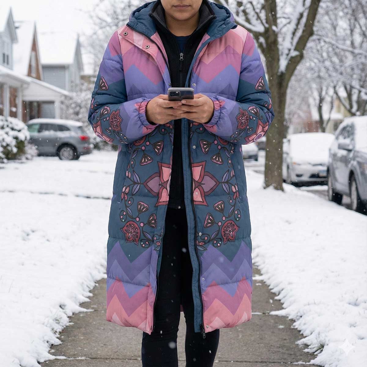 Frost Flower Circle Floral Unisex Long Down Jacket