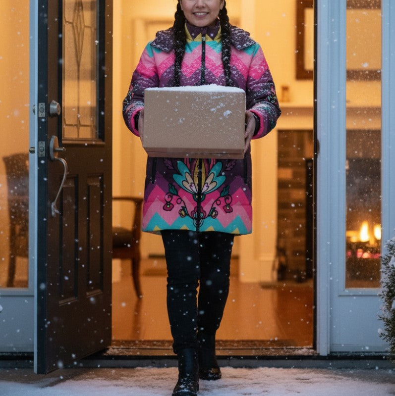 Gold Harvest Bloom Women's Hooded Puffer Coat