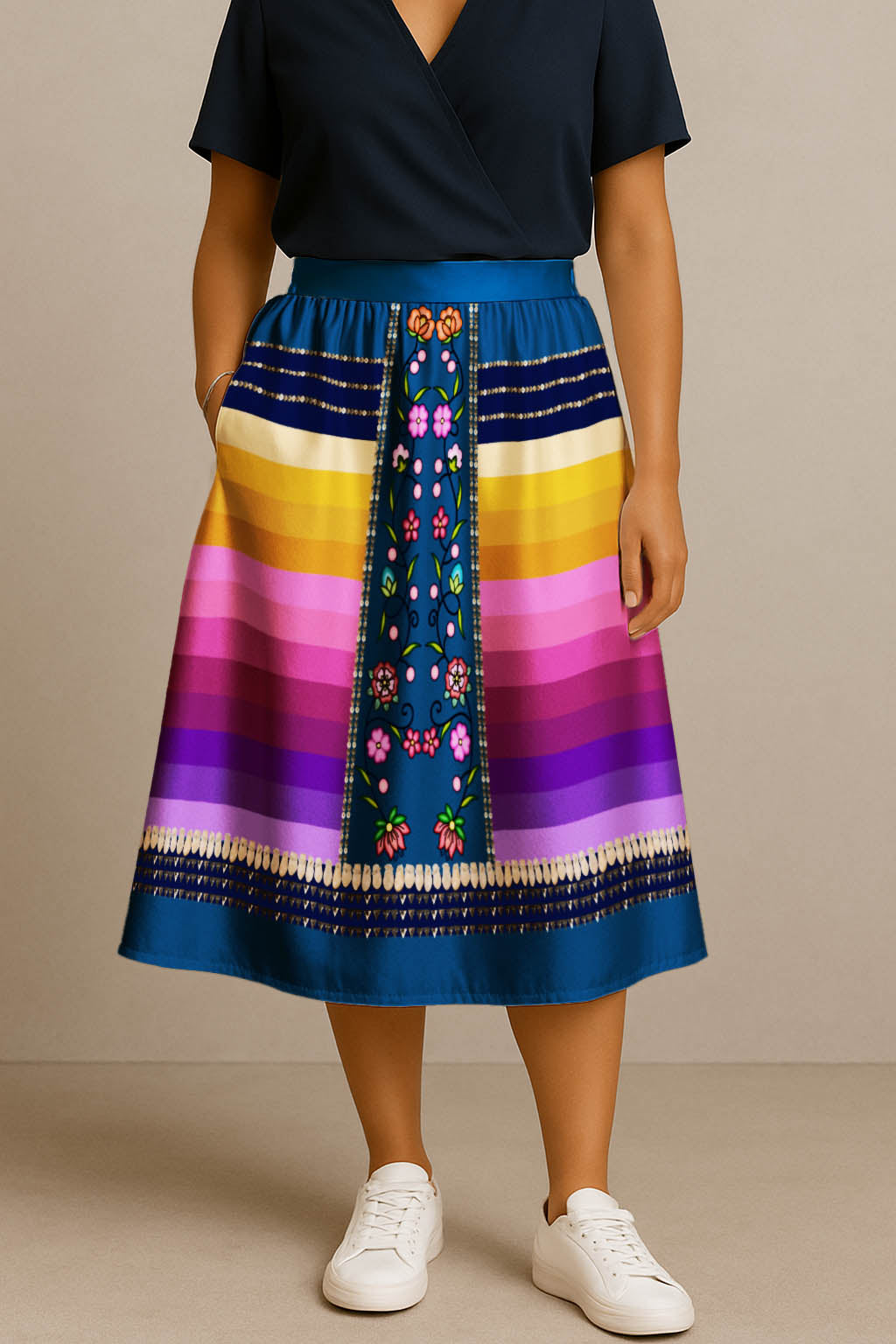Grandmother Legacy Dark Blue 2 Elastic Waist Pocket Midi Skirt