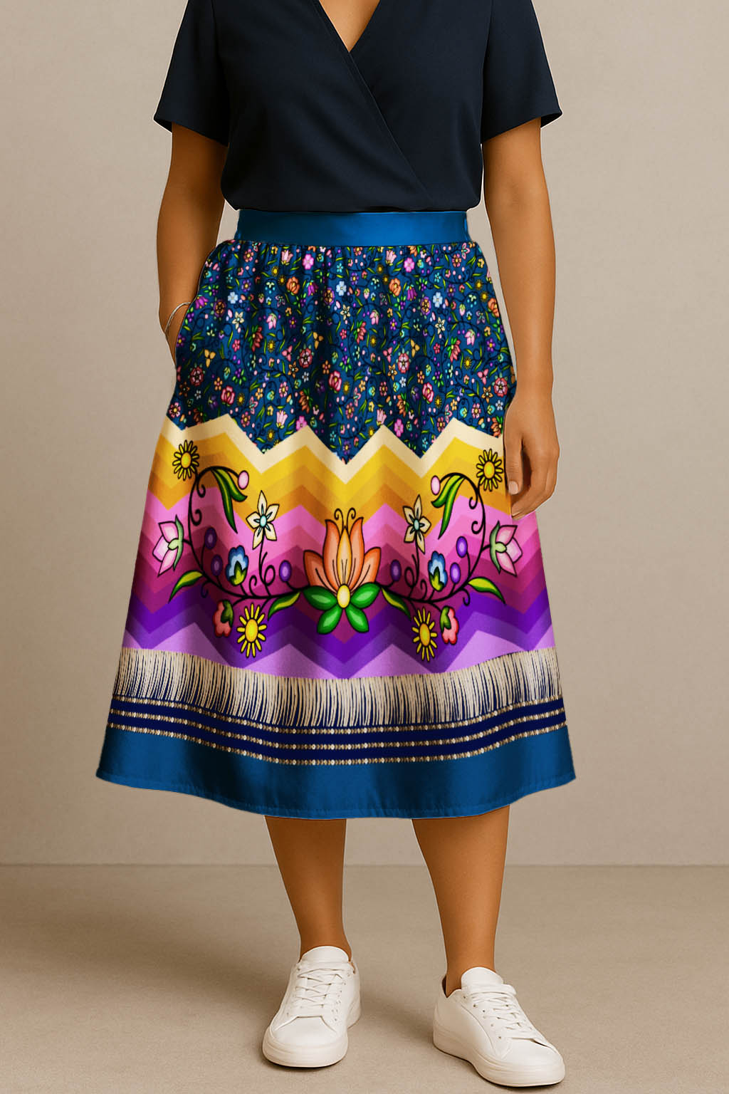 Grandmother Legacy Dark Blue 3 Elastic Waist Pocket Midi Skirt