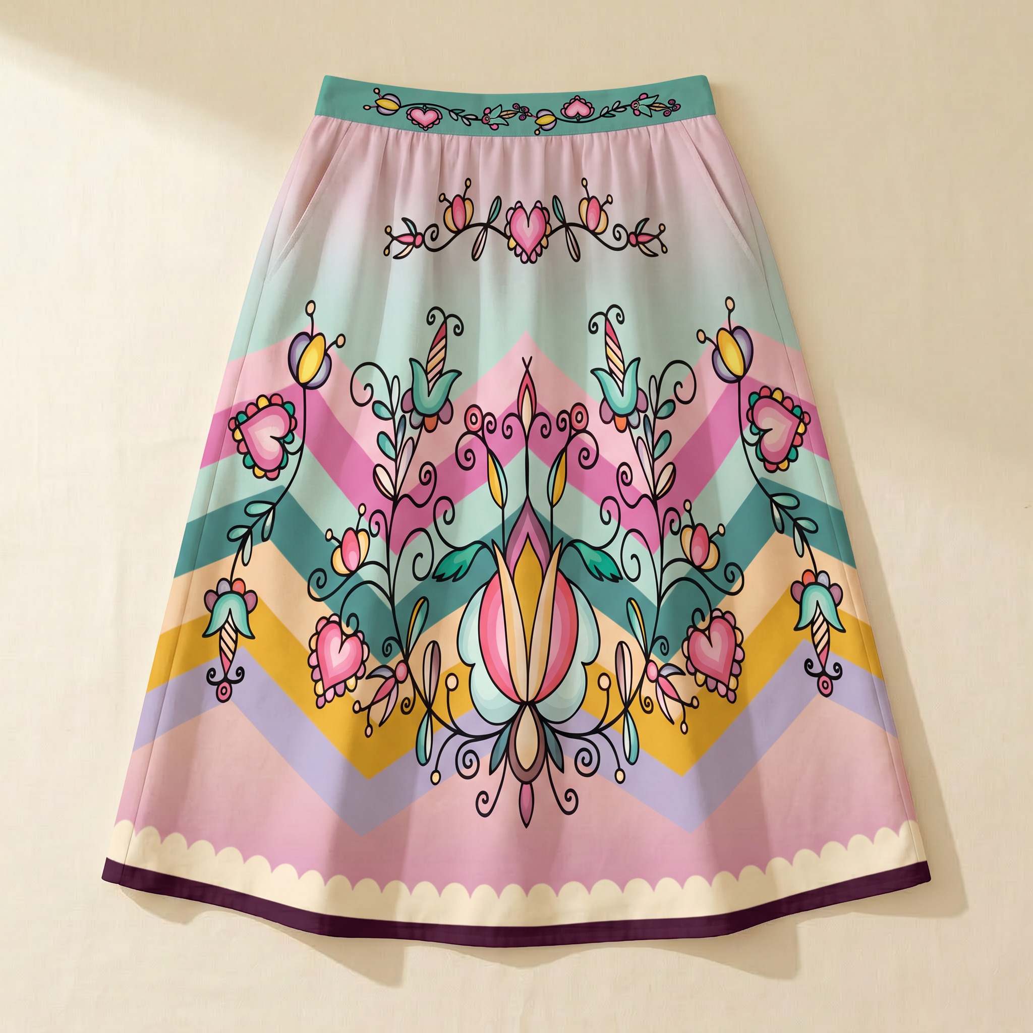 Harvest Hearth Floral Elastic Waist Pocket Midi Skirt