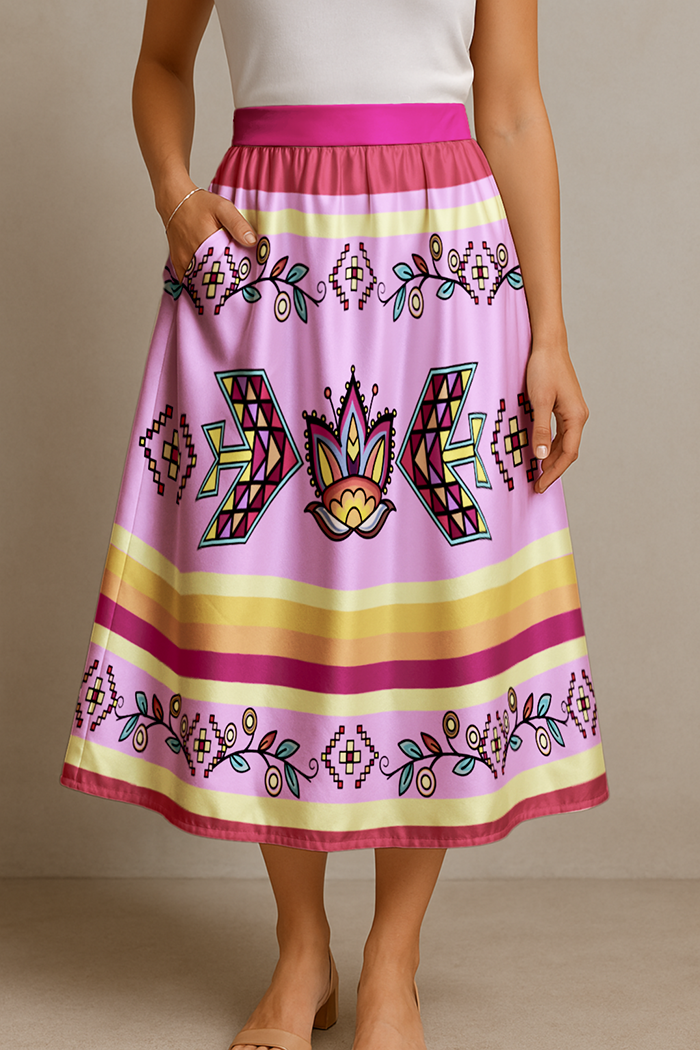 Heart of the Pattern Bright Elastic Waist Pocket Midi Skirt