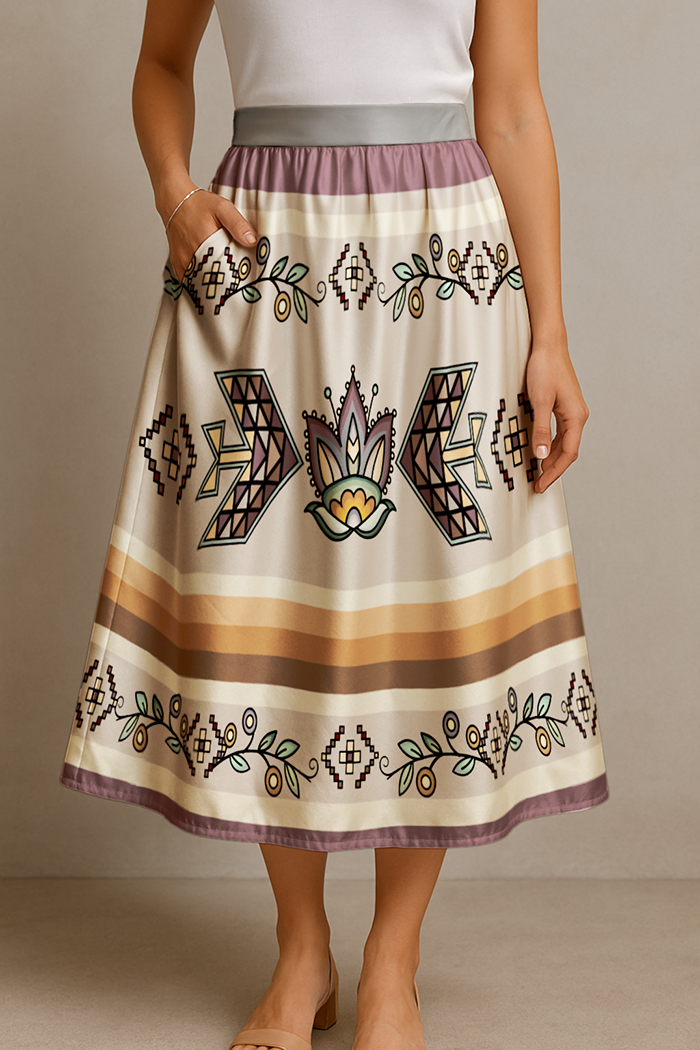 Heart of the Pattern Earthy Elastic Waist Pocket Midi Skirt