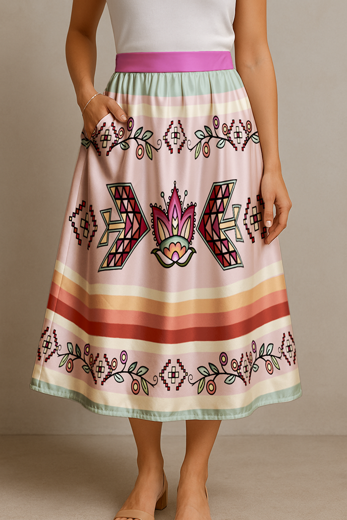 Heart of the Pattern Pastel Elastic Waist Pocket Midi Skirt