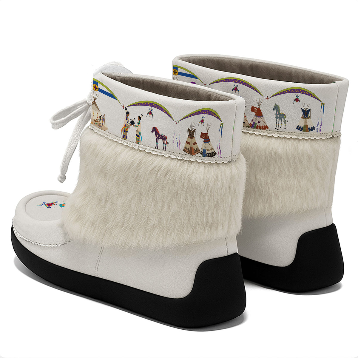 Legacy of the Rainy Chief white ankle MocLux (white fur) pair from behind at an angle, fur band above the heels