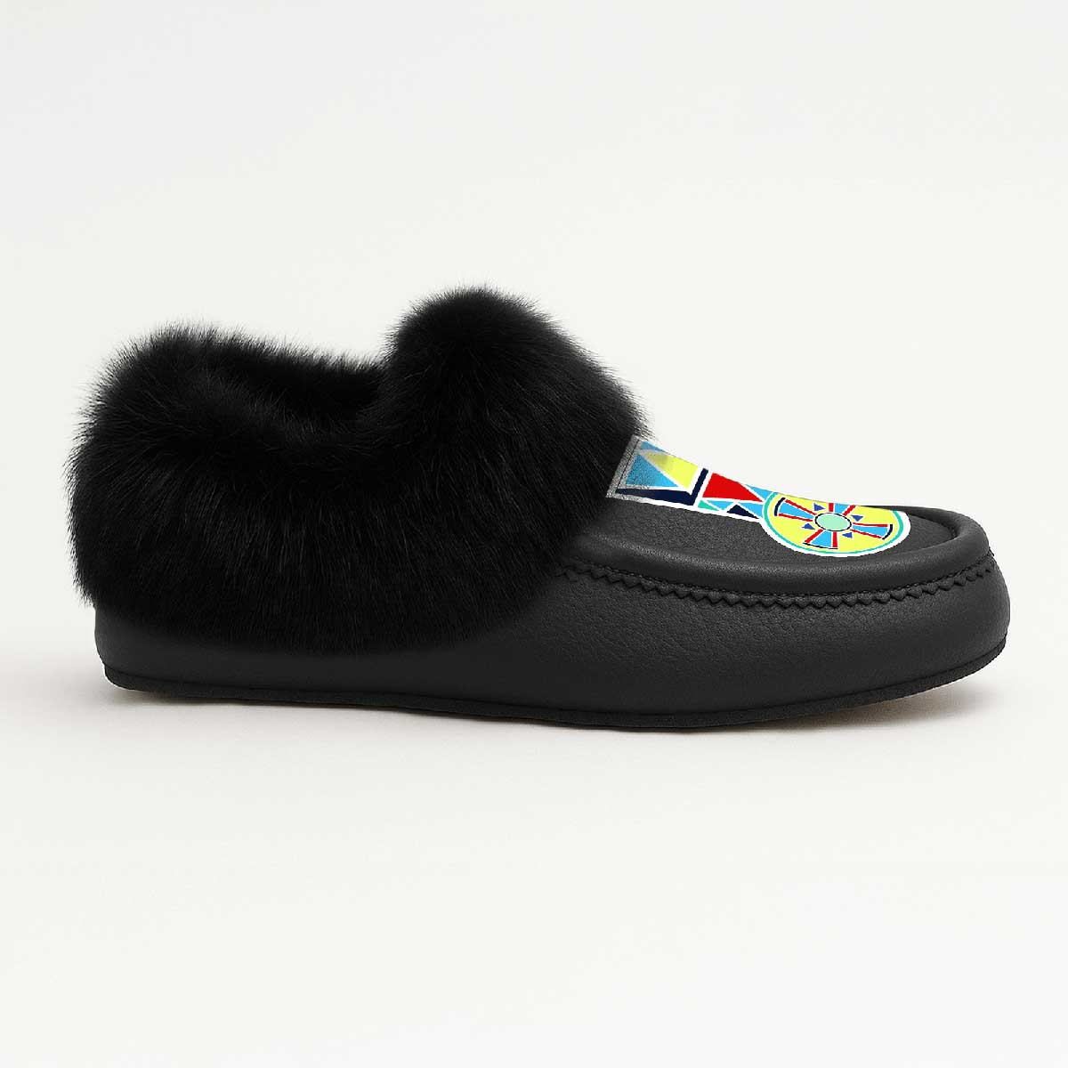 Firewheel Emblem Black Leather Black Fur Moccasin