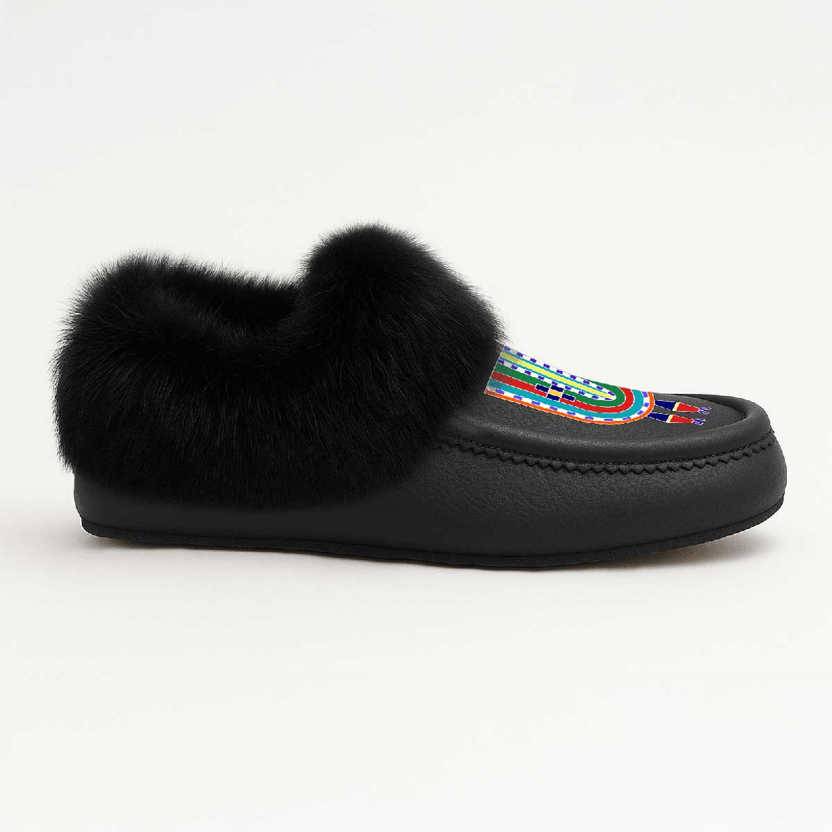 River Hold Black Leather Black Fur Moccasin