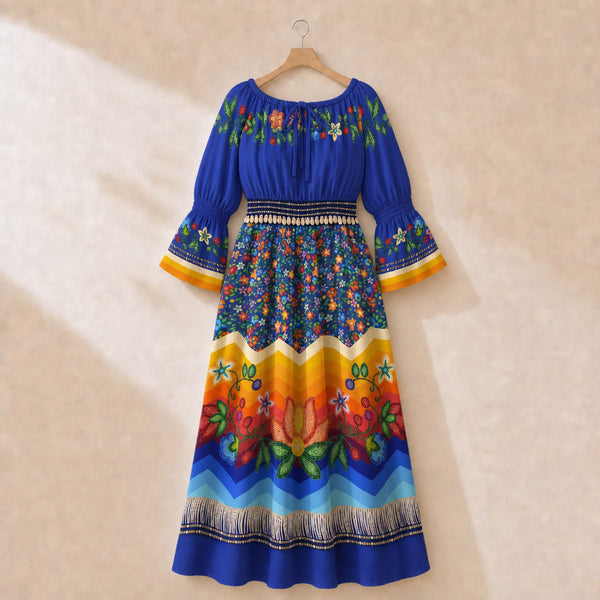 Morning Harmony Blue Smocked Waist Peasant Dress