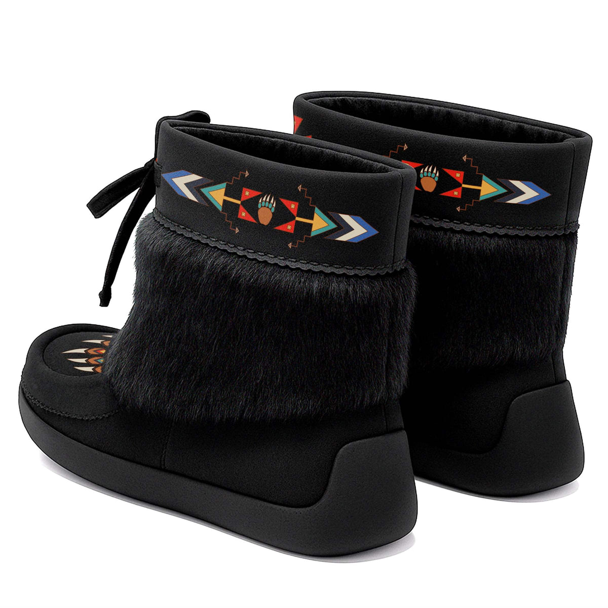 Morning Star Bear Black Leather MocLux Ankle with Black Fur, back view of a pair with a cuff printed with red, gold and turquoise arrows around a bear paw