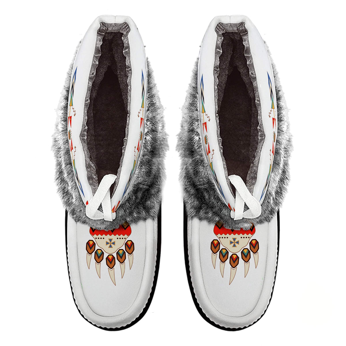 Morning Star White Leather MocLux Ankle with Grey Fur from above, sherpa lining, white ties and printed toe design