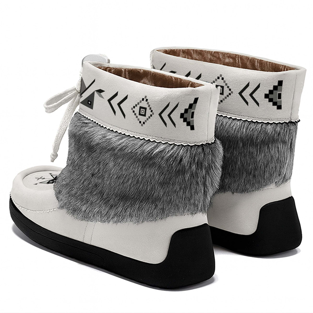 Owl Watcher White Leather MocLux Ankle with Grey Fur, back view of a pair with a cuff printed with black arrows and diamonds